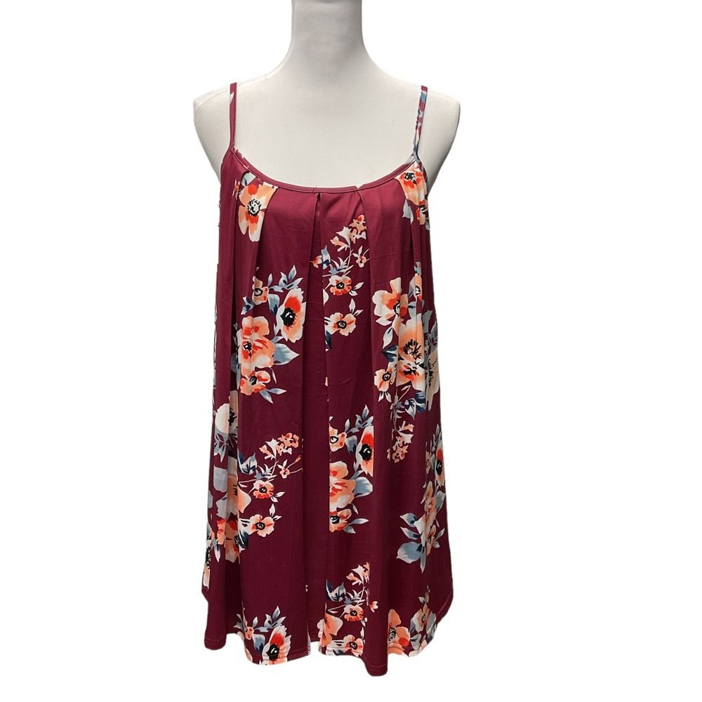 GYK Women's Floral Spaghetti‎ Strap Tank Top Size M Red Pleated Stretch